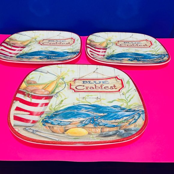 NEW… Set of Three Blue Crabfest Plates, Certified International ~ Kate McRostie - Picture 1 of 13